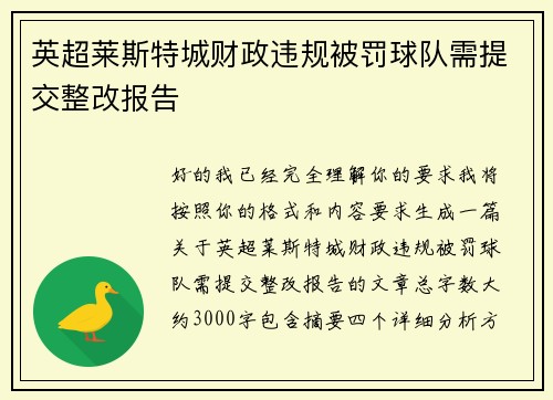 英超莱斯特城财政违规被罚球队需提交整改报告