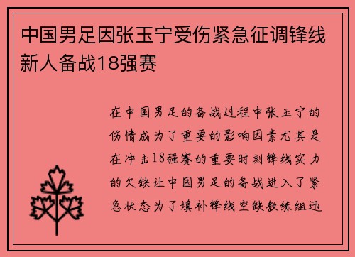 中国男足因张玉宁受伤紧急征调锋线新人备战18强赛 中国男足因张玉宁受伤紧急征调锋线新人备战18强赛