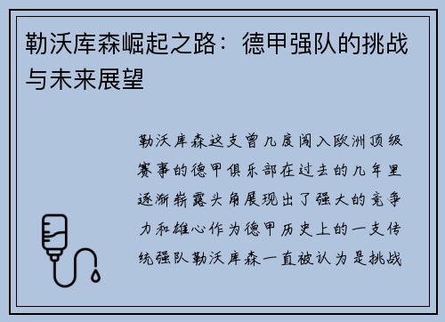 勒沃库森崛起之路：德甲强队的挑战与未来展望